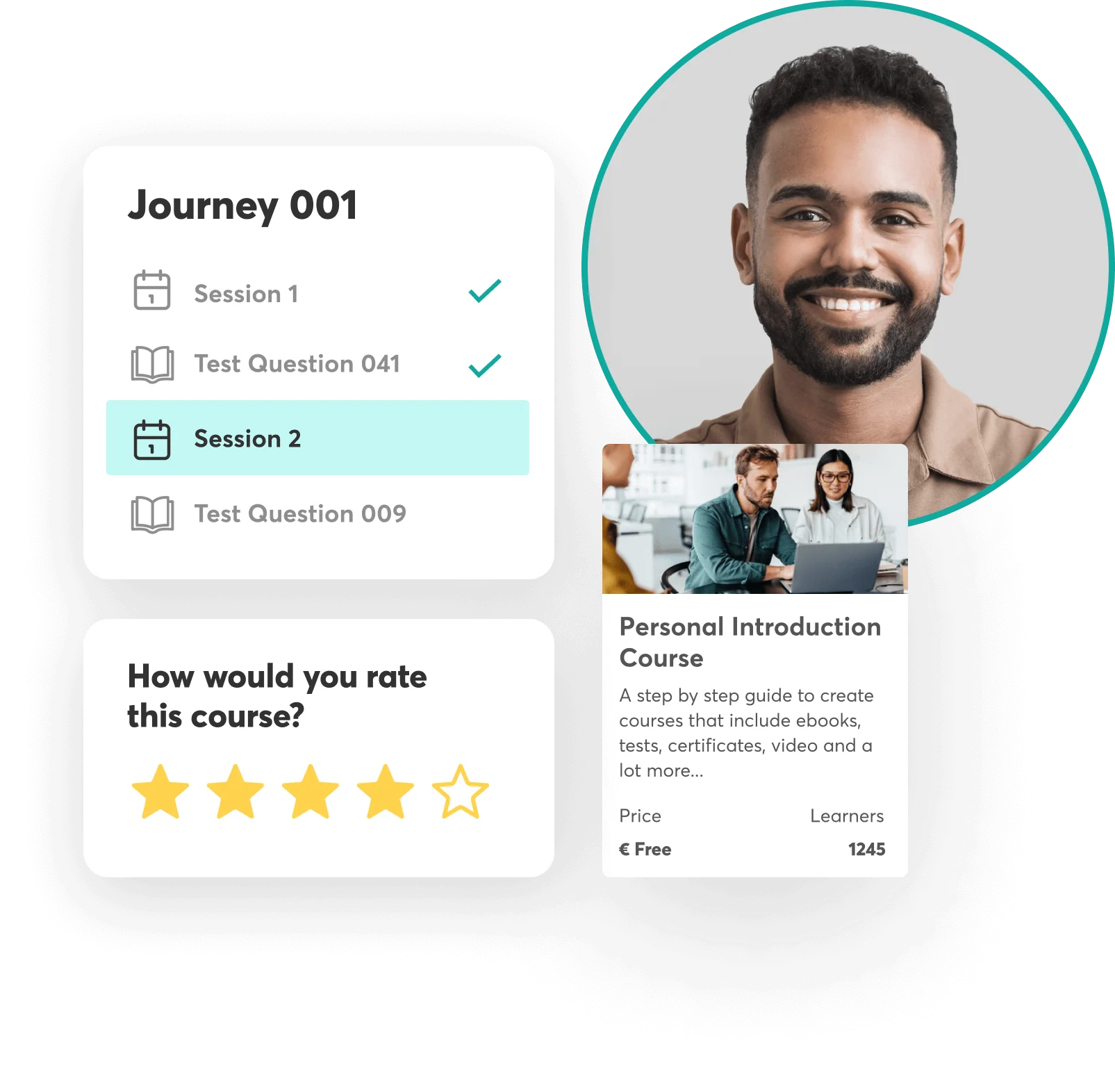 Smiling male portrait framed right; course-interface cards show progress, a four-star rating prompt, and a Personal Introduction Course card on a...