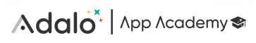 Adalo logo and text "Adalo | App Academy" displayed across a white background, featuring three small colored star accents above the "A" and a small...