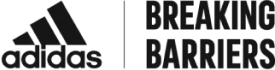 Three-stripe Adidas mountain logo with the word "adidas", separated by a vertical bar from the slogan "BREAKING BARRIERS", all in bold black on a...