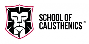 A stylized lion-face inside a shield sits left of bold text against a white background, creating a fitness-brand logo.