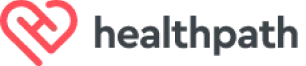 A red, stylized heart-shaped monogram (forming intertwined "h" and "p") sits to the left of the dark-gray lowercase word "healthpath" on a white...
