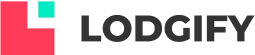 A geometric mark (turquoise square, red block, black "L" shape) sits left of bold black uppercase text: LODGIFY; both elements centered on a white...