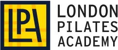 Square yellow-and-navy emblem showing stylized "LPA" sits left of stacked, uppercase text: "LONDON PILATES ACADEMY" on a white background.