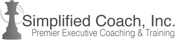 A stylized chess-piece logo stands left of the company name on a white background; text reads: "Simplified Coach, Inc.