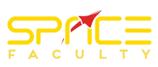 Yellow stylized word "SPACE" with a red rocket forming the "A" and angled upward; smaller yellow "FACULTY" beneath on a dark rounded-rectangle...
