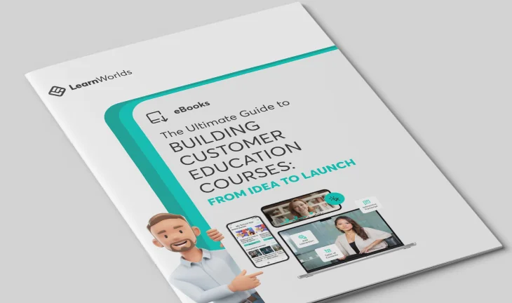 A white eBook cover shows a smiling illustrated man pointing at a smartphone and laptop, promoting building customer education courses while resting...