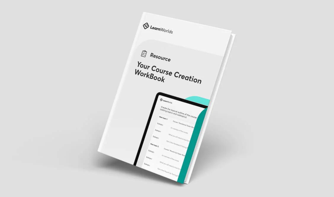 Workbook tilted upright on a pale gray surface; cover shows branding and a tablet-style page with a teal accent.