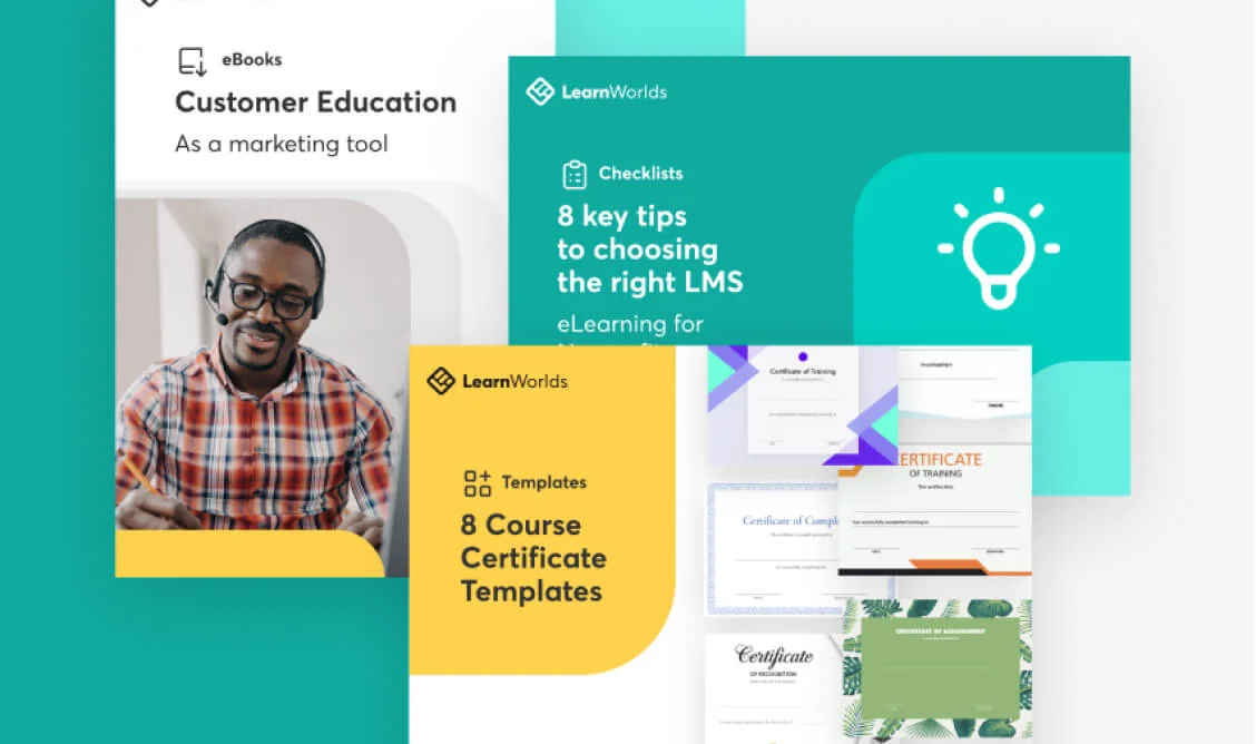 Three overlapping e-learning promo cards display content: a person wearing a headset writing at a desk; a teal card about LMS tips; a yellow card...