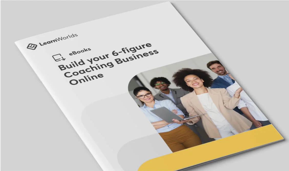 E-book cover features a bold title, smiling diverse team photo, and yellow accent band, angled on a light-gray surface.