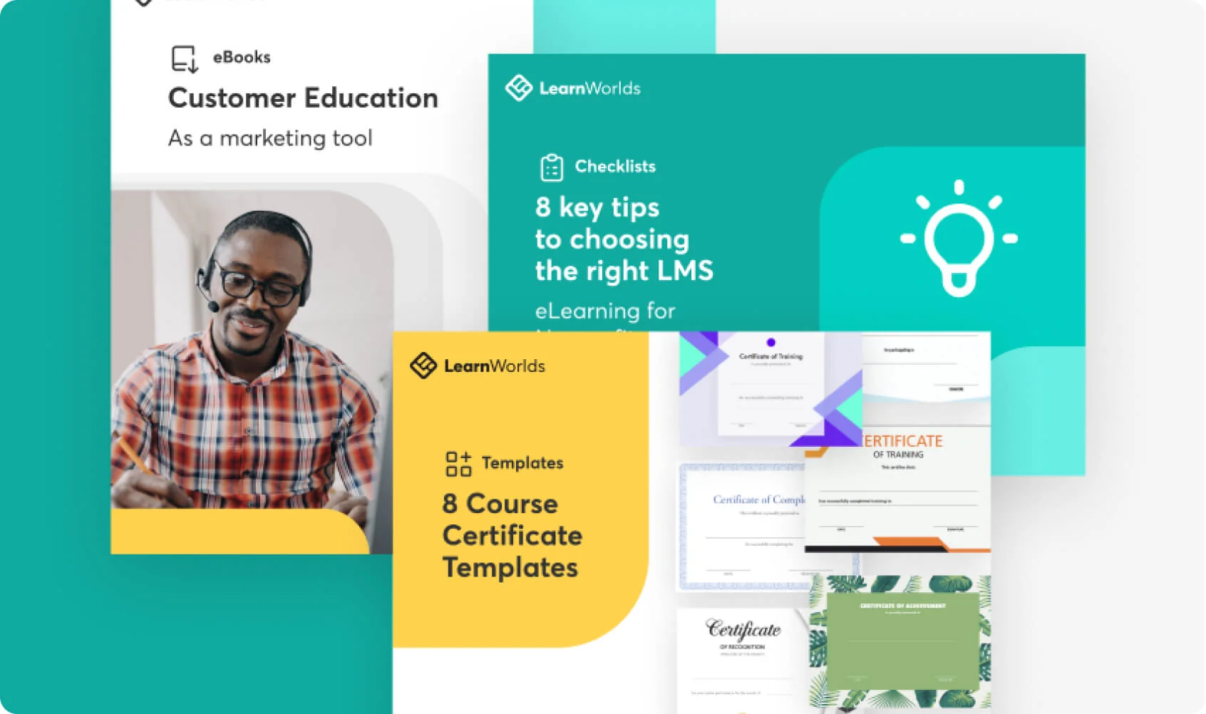Promotional cards and certificate templates overlap: a smiling man writes on a notepad while colorful LearnWorlds marketing tiles and sample...