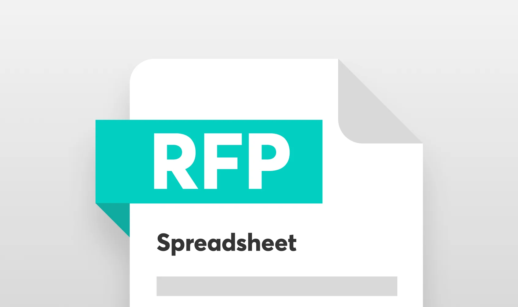 White document with a folded top-right corner displays a teal ribbon labeled "RFP", the word "Spreadsheet" beneath, set against a soft light-gray...