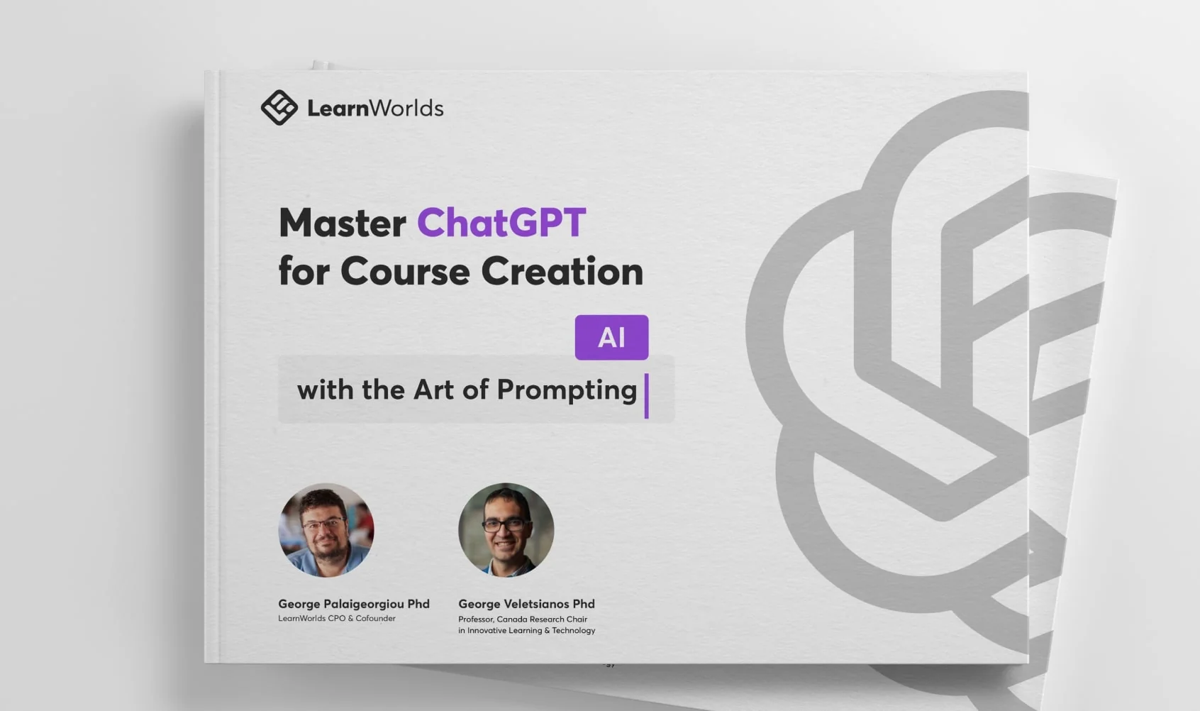 Book cover presents a course guide titled "Master ChatGPT for Course Creation," highlighting AI prompting, with two author headshots and a large pale...