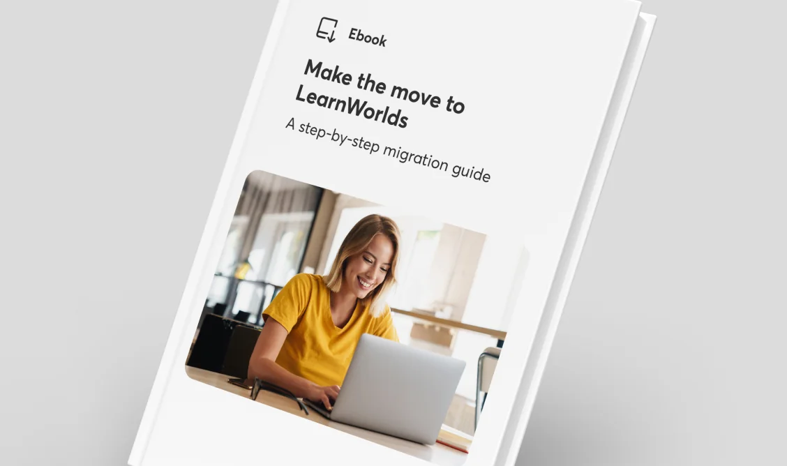 Ebook cover: a smiling young woman types on a laptop (action) at a table in a bright, modern home-office (context), photo framed beneath a bold title.