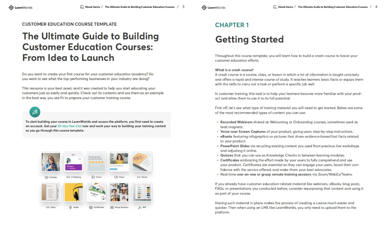 Two-page course-template spread: bold title announces "The Ultimate Guide to Building Customer Education Courses: From Idea to Launch," with a...