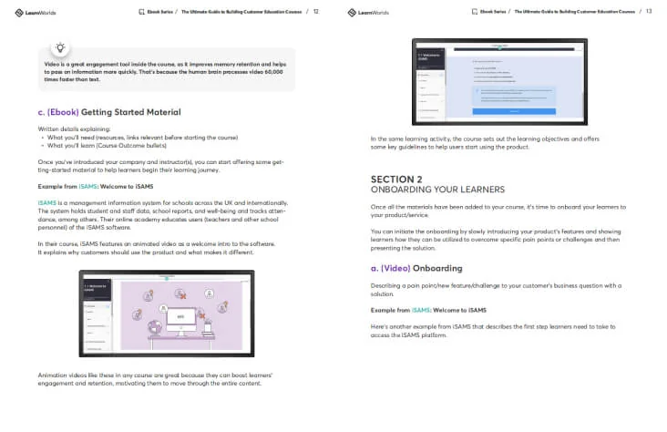 Object-action-context (≈30 words): A two-page course guide: headings and screenshots describe getting-started ebook material and onboarding videos,...