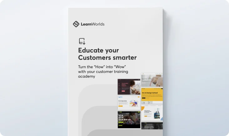 Poster promoting a customer-training platform: a tall brochure shows headline copy and small website screenshots centered on a pale, minimalist...