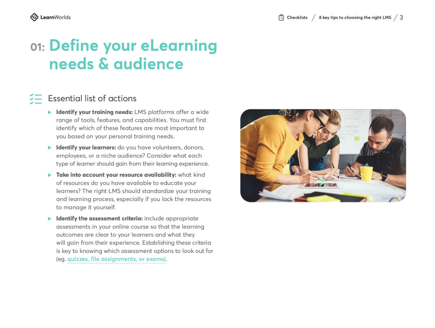 Heading "Define your eLearning needs & audience" presents an essential-actions checklist; bullet points outline identifying training needs, learners,...