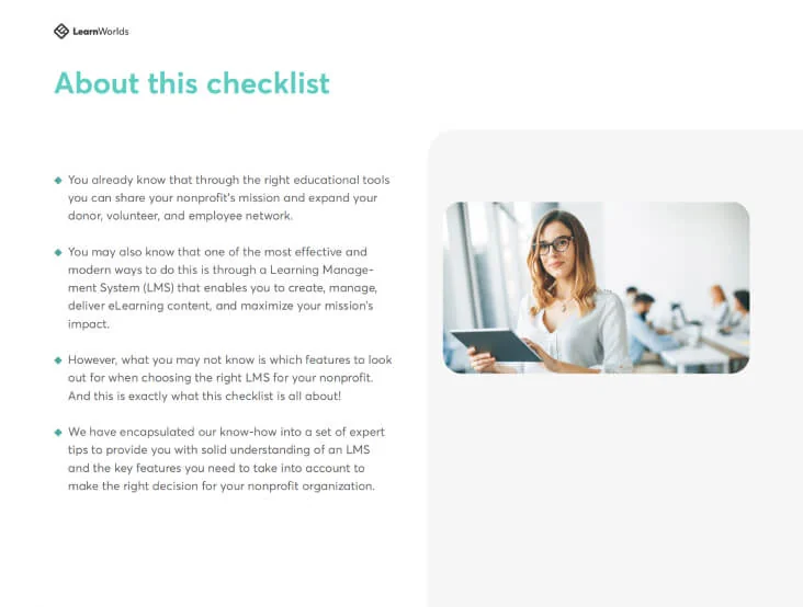 A checklist page titled "About this checklist" (LearnWorlds logo) with bulleted explanatory text on the left and a woman holding a tablet in a bright...