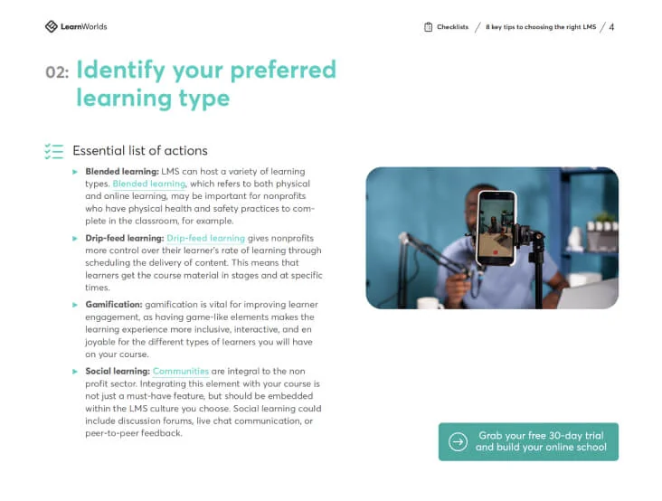 A single-page guide titled "02: Identify your preferred learning type" presents a checklist of learning approaches beside a photo of a smartphone on...