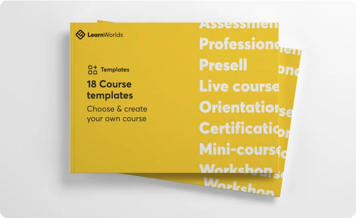 Yellow course-template booklet lying slightly fanned on a pale surface; white text runs along the right edge.