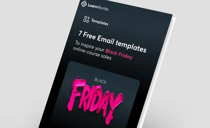 Tilted dark brochure cover presenting Black Friday email templates, shown against a pale gray background.