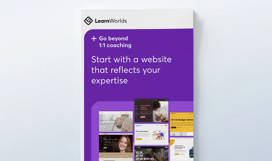 Promotional LearnWorlds poster shows a purple panel with a headline and small website thumbnails, propped against a pale wall.