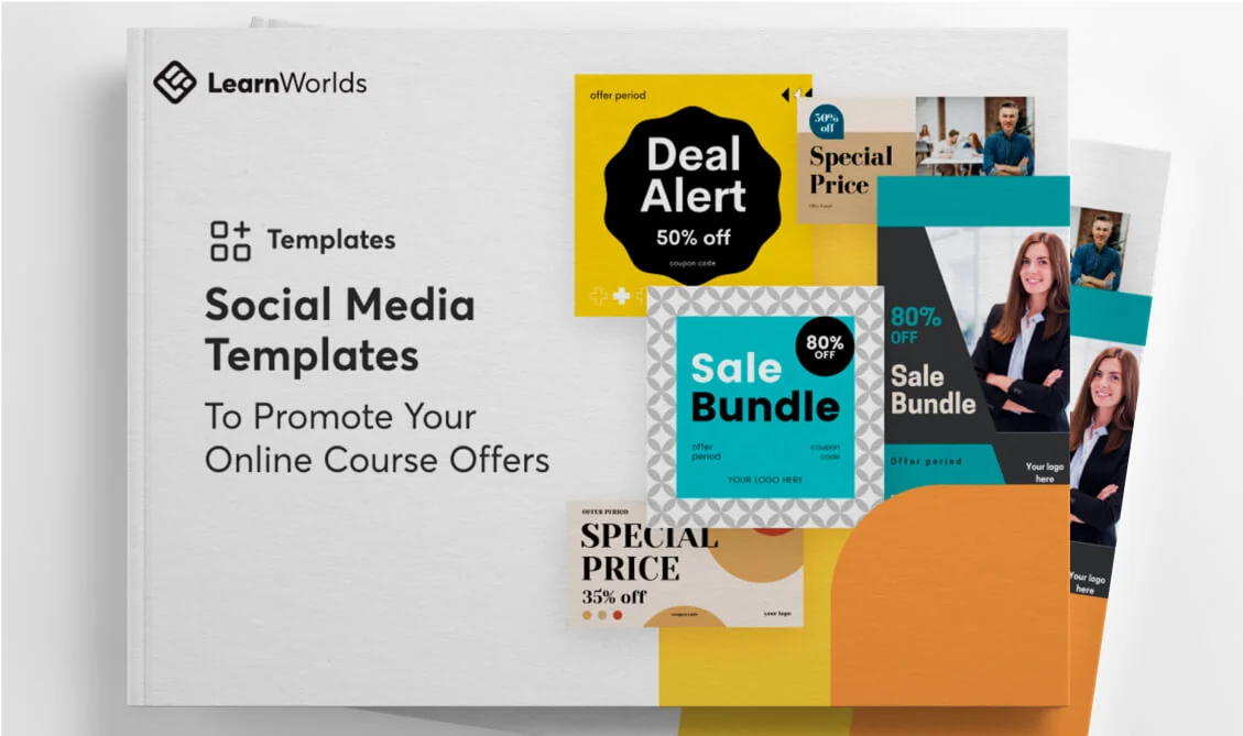 A promotional booklet cover displays social media template mockups; colorful sale cards overlap its right edge on a white surface.