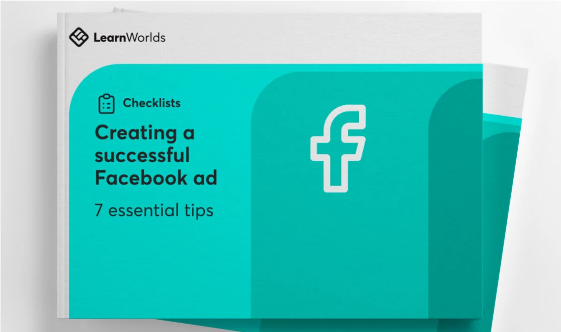 A teal booklet cover displays a checklist-style guide for Facebook ads, showing a white Facebook "f" logo; it's laid flat on a white surface with a...