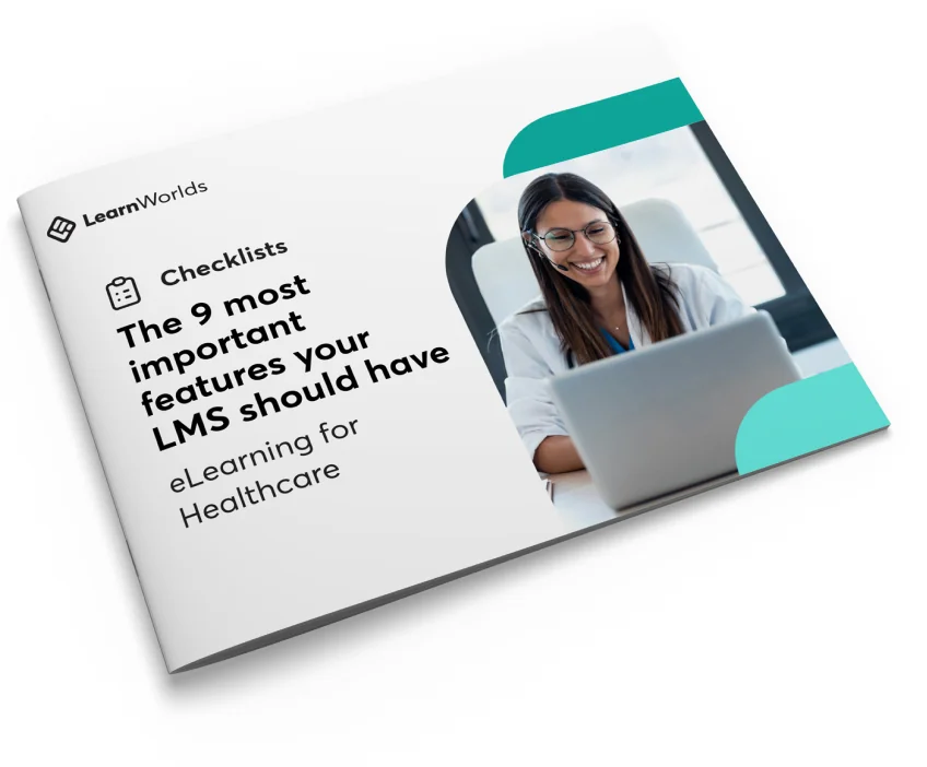 A tilted brochure cover shows a smiling woman using a laptop on the right while the left presents text and teal design accents on a white background.