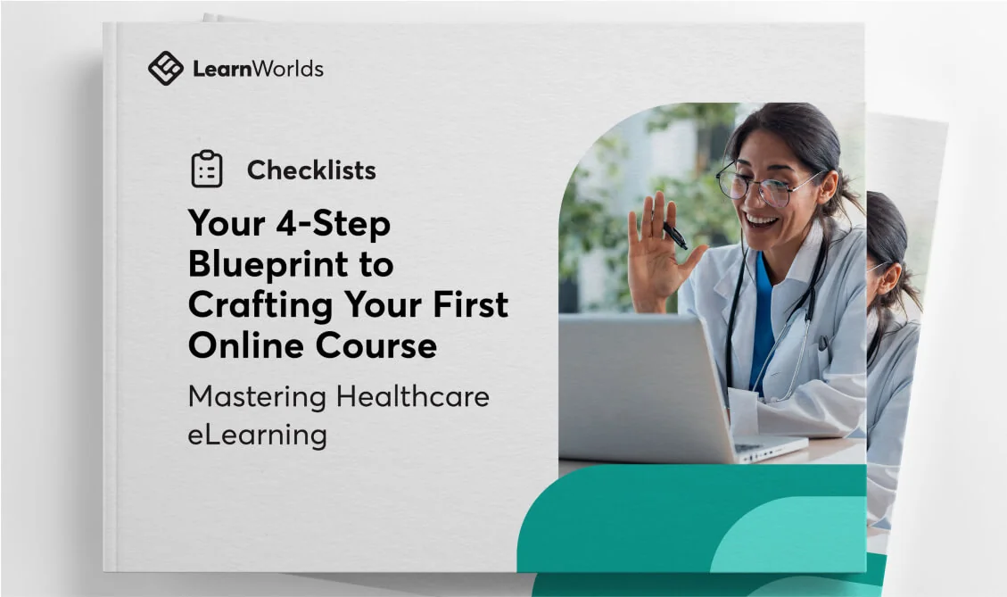 A checklist-style booklet cover shows a smiling woman in a white coat waving at a laptop, with teal graphic accents and bold course title on a clean...