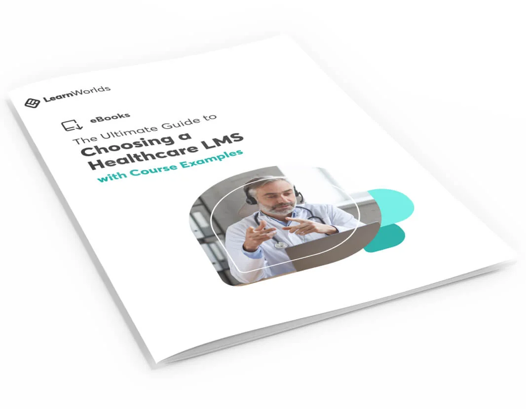 A white eBook cover lies angled on a white surface, showing a doctor in a telehealth video call and LearnWorlds branding.