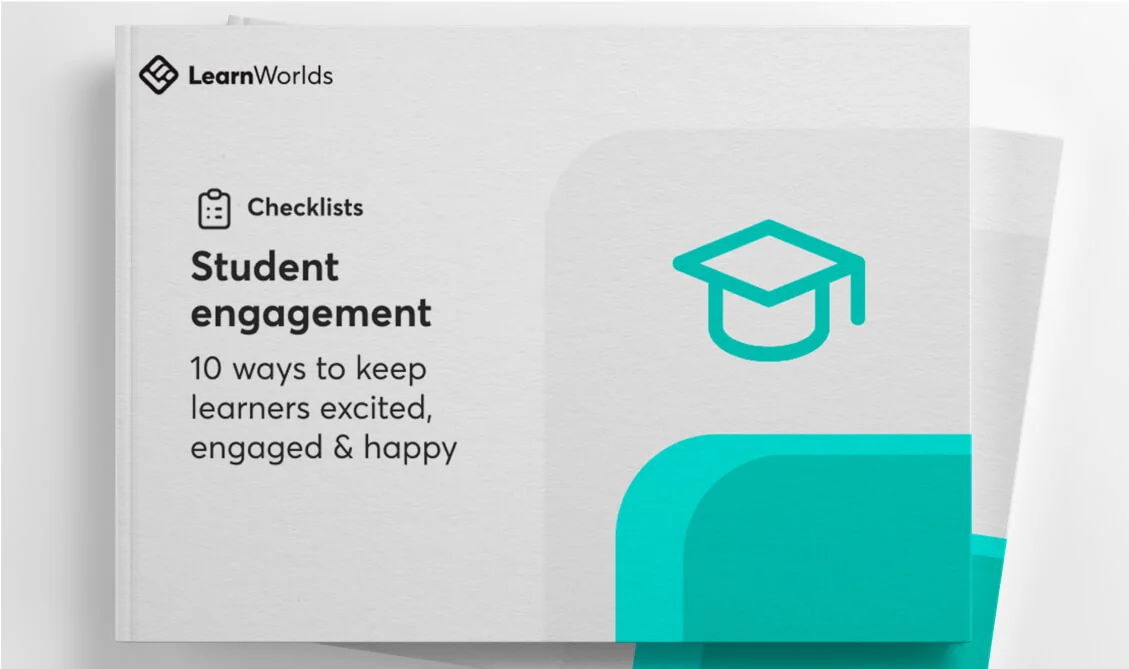 Softbound booklet cover displays a teal graduation-cap graphic on a pale background; left text reads: LearnWorlds; Checklists; Student engagement; 10...