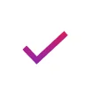 Magenta-to-purple checkmark angles upward to the right, its thicker lower-left stroke tapering into a thinner top-right arm, centered on a plain...
