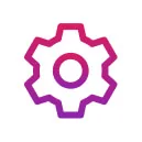 Gear icon outlined in pink-to-purple gradient, stationary, centered on a white background with a subtle gray drop shadow beneath, suggesting settings...
