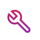 Magenta-to-purple gradient wrench icon, angled diagonally and pointing lower-right, centered on a plain white square background with a faint soft...