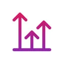 Three upward-pointing arrows (small, medium, large) rise from a horizontal baseline, arranged left-to-right with a magenta-to-purple gradient on a...