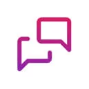 Two outlined speech bubbles overlap, one above-right and one below-left, indicating a conversation; magenta-to-purple gradient strokes on a white...