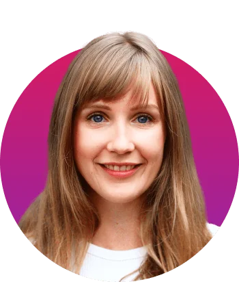 A smiling woman with long light-brown hair and bangs faces the camera, wearing a white top against a circular magenta-to-purple gradient background.