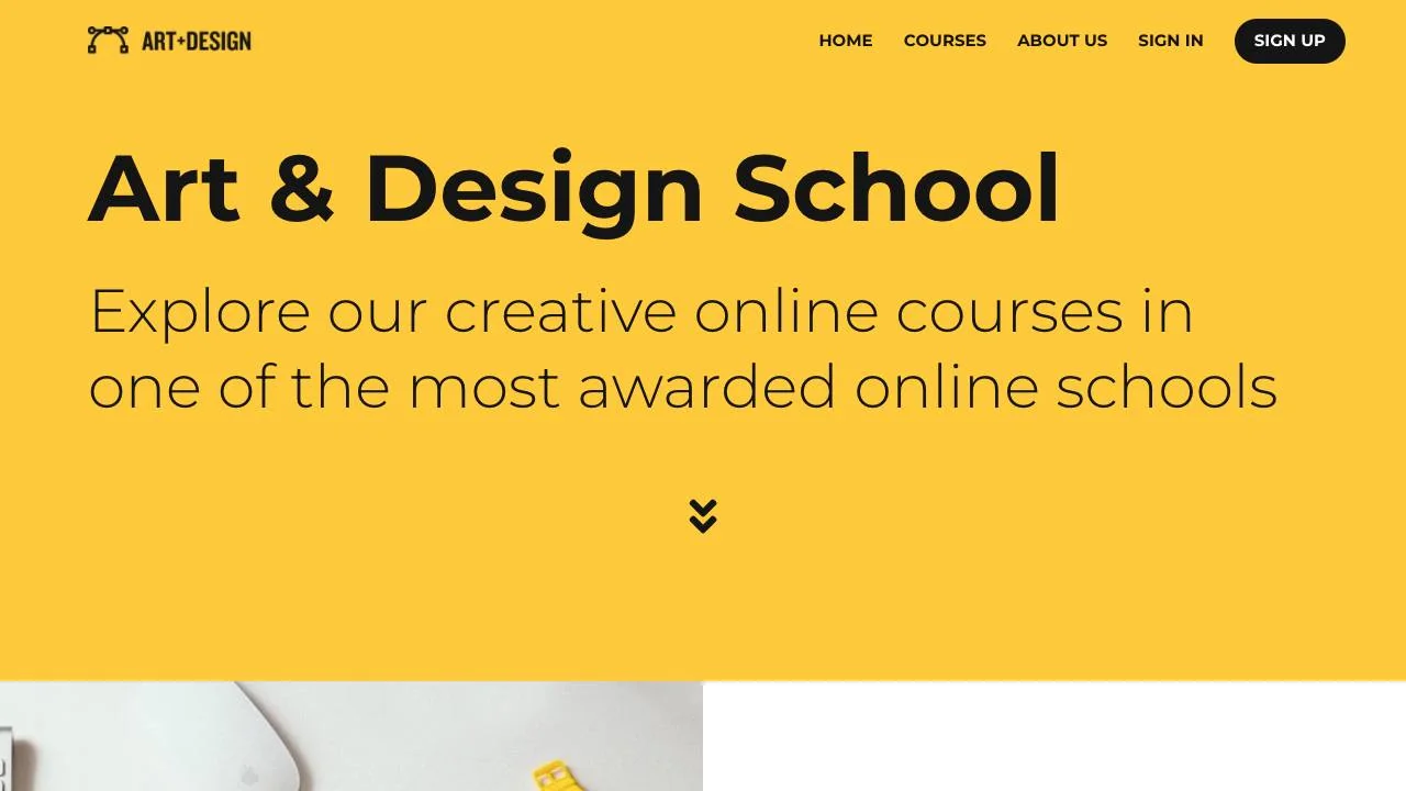 Large yellow webpage header presents a bold "Art & Design School" headline promoting creative online courses, centered beneath a minimalist site...