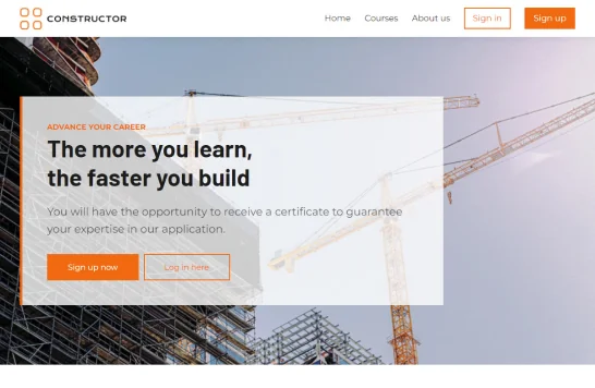 Construction cranes and a partially built steel-and-scaffold structure dominate the scene, while a translucent webpage panel overlays promotional...