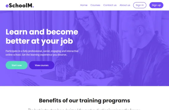 Website hero shows a purple-tinted photo of two people collaborating at a desk, promoting online courses with clear call-to-action buttons.