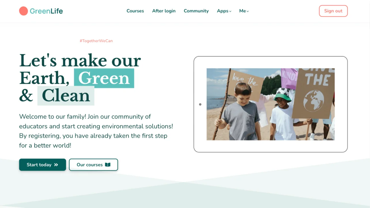 A website hero: GreenLife banner urging environmental action with bold heading and CTA buttons, alongside a tablet photo of children holding protest...