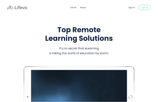 Website landing page showing a tablet image with a bold headline and simple navigation in a clean white layout.