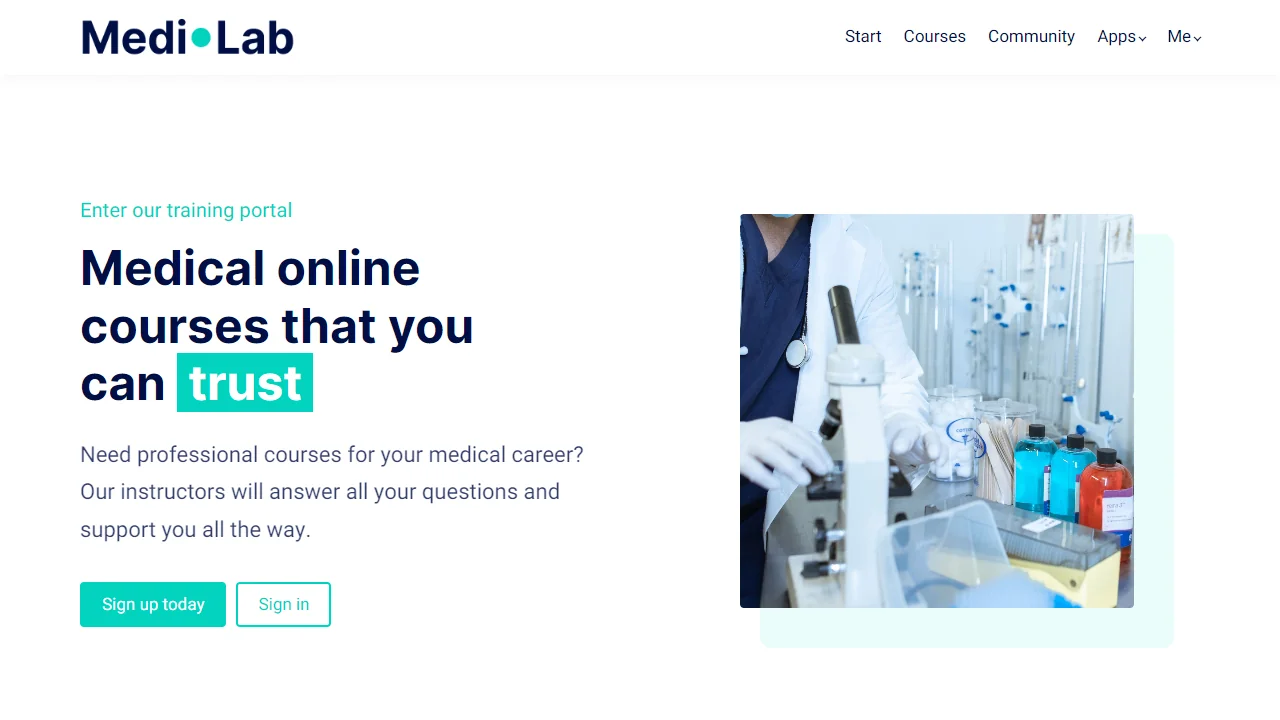 Text in image: Medi•Lab Start Courses Community Apps Me Enter our training portal Medical online courses that you can trust Need professional courses...
