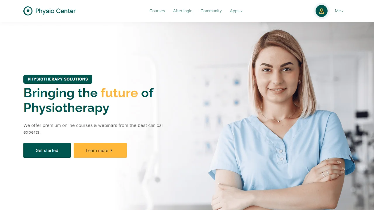 Female physiotherapist stands with arms crossed, smiling in a bright clinic, displayed as a website hero banner with promotional text and...