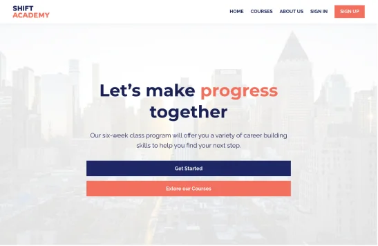 Hero headline "Let's make progress together" overlays a faded city skyline, promoting a six-week career class with a short description and two...