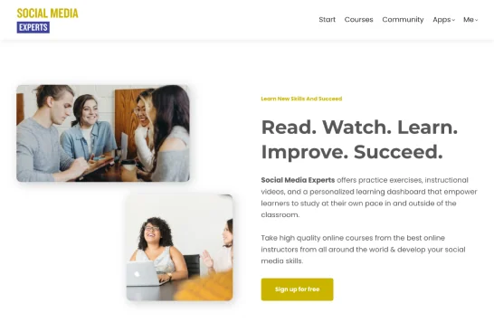 Website landing hero showing two rounded photos of people using laptops and tablets, paired with a right-side headline, descriptive paragraphs, and a...