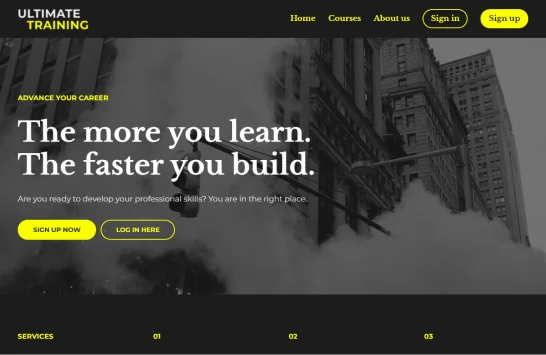 Website landing page hero showing a bold headline and call-to-action buttons over a foggy city street backdrop; dark header and footer contain...