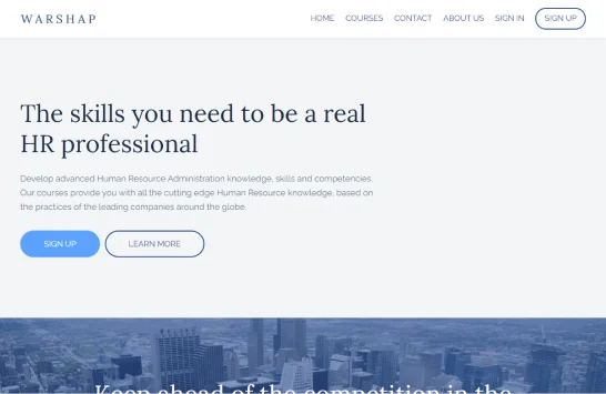 Main headline promising HR skills sits centered; two call-to-action buttons appear beneath on a minimalist website header over a muted cityscape.