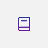 Book icon centered, displayed as a blue-to-purple rounded rectangle with two horizontal grooves, static on a pale gray background.